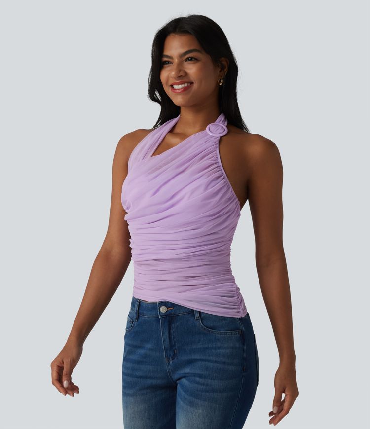 Halter Backless Ruched Mesh Overlay Built-in Bra Resort Tank Top Halter Backless Ruched Mesh Overlay Built-in Bra Resort Tank Top