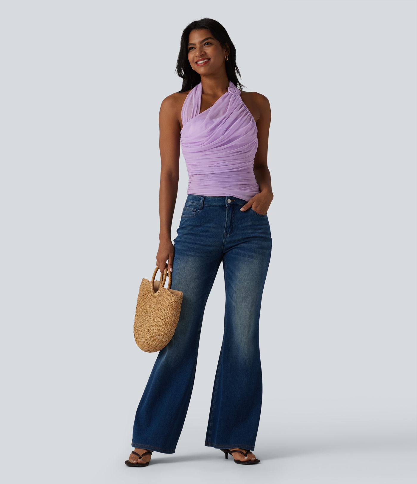 Halter Backless Ruched Mesh Overlay Built-in Bra Resort Tank Top Halter Backless Ruched Mesh Overlay Built-in Bra Resort Tank Top
