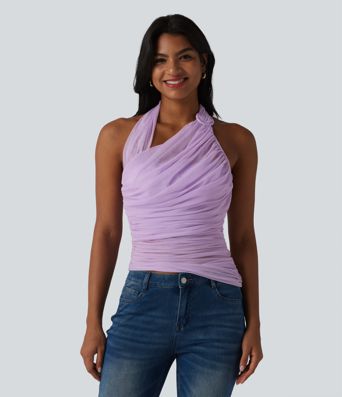 Halter Backless Ruched Mesh Overlay Built-in Bra Resort Tank Top Halter Backless Ruched Mesh Overlay Built-in Bra Resort Tank Top