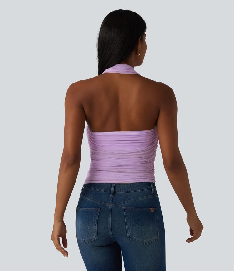 Halter Backless Ruched Mesh Overlay Built-in Bra Resort Tank Top Halter Backless Ruched Mesh Overlay Built-in Bra Resort Tank Top