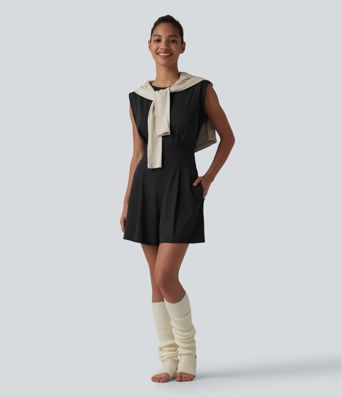 SoftlyZero™ QuickDry mono corto de yoga con escote redondo, sin mangas, apertura en forma de ojo de cerradura y bolsillos — Edición Easy Peezy