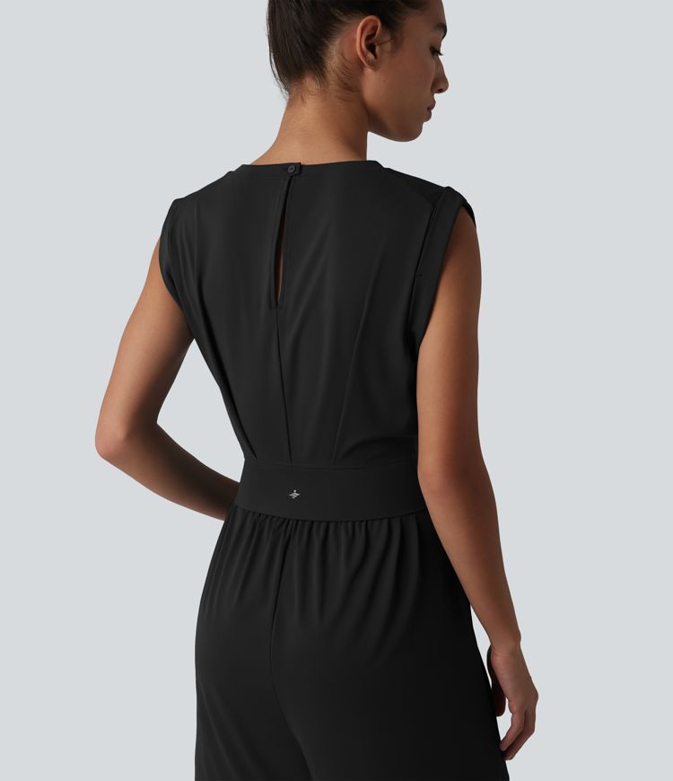 SoftlyZero™ QuickDry mono corto de yoga con escote redondo, sin mangas, apertura en forma de ojo de cerradura y bolsillos — Edición Easy Peezy