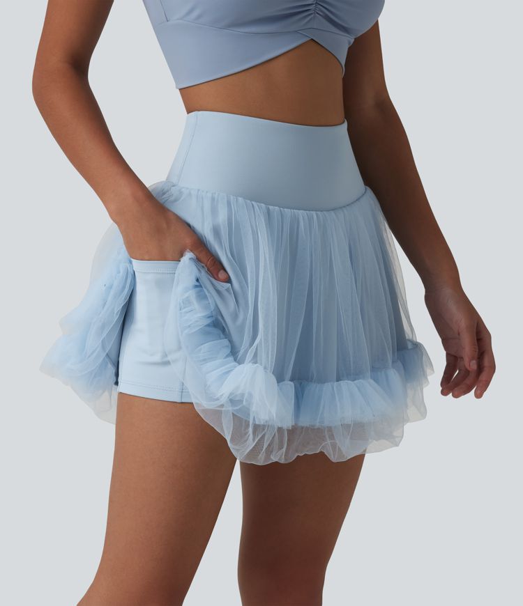 High Waisted Tummy Control Contrast Mesh 2-in-1 Mini Workout Skirt with Pockets