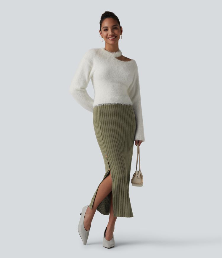 Ribbed Knit High Waisted Midi Work Skirt