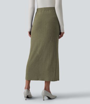 Ribbed Knit High Waisted Midi Work Skirt