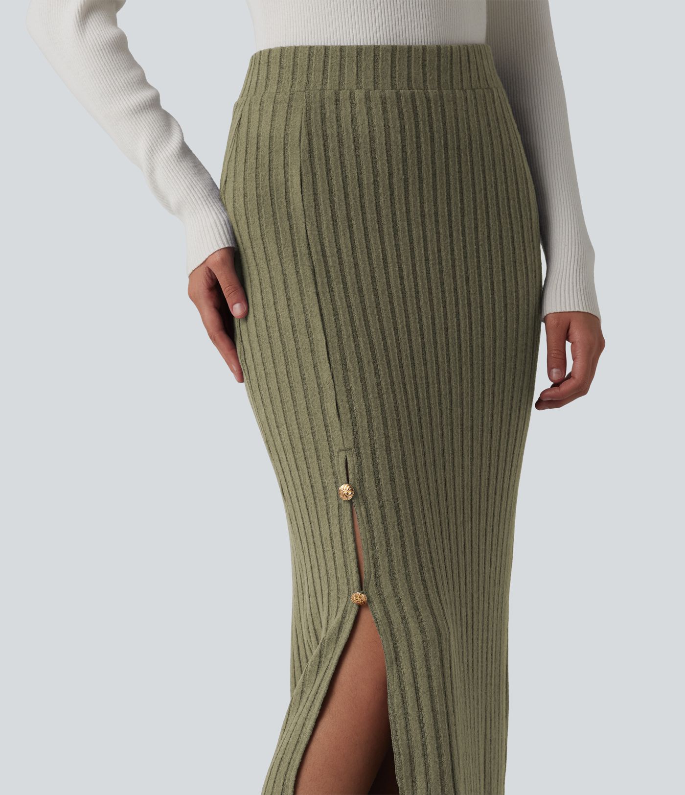 Ribbed Knit High Waisted Midi Work Skirt