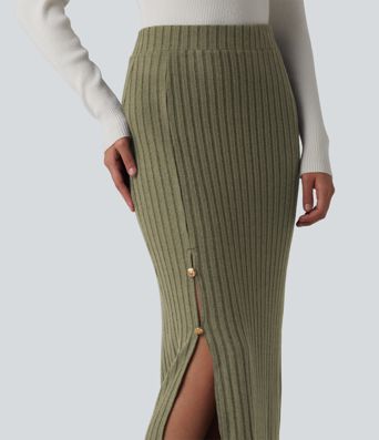 Ribbed Knit High Waisted Midi Work Skirt