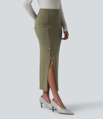 Ribbed Knit High Waisted Midi Work Skirt