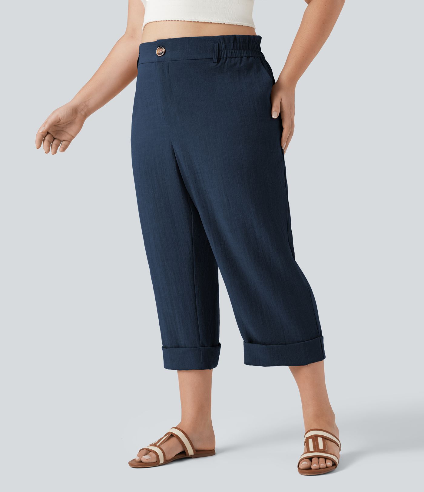 High Waisted Capri Linen-Feel Resort Plus Size Pants with Pockets