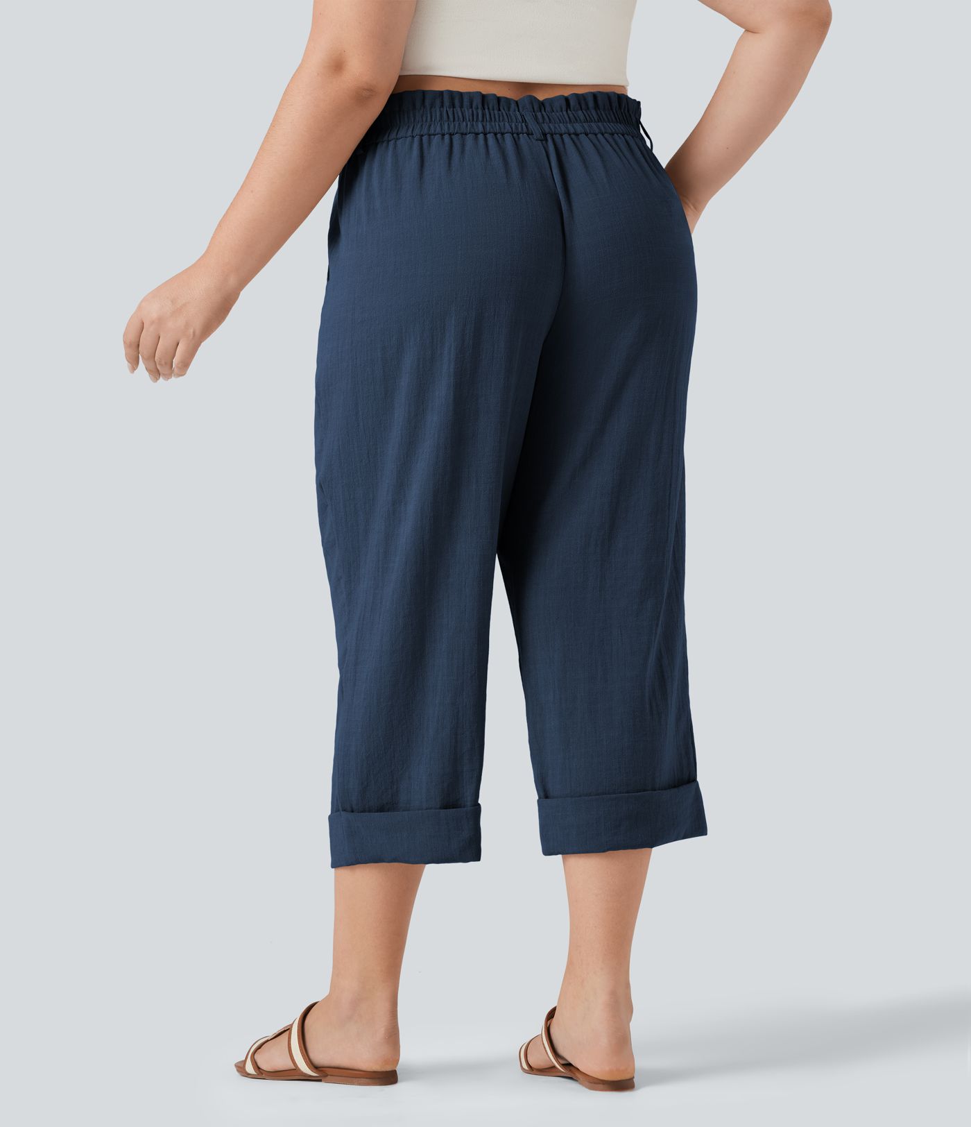 High Waisted Capri Linen-Feel Resort Plus Size Pants with Pockets