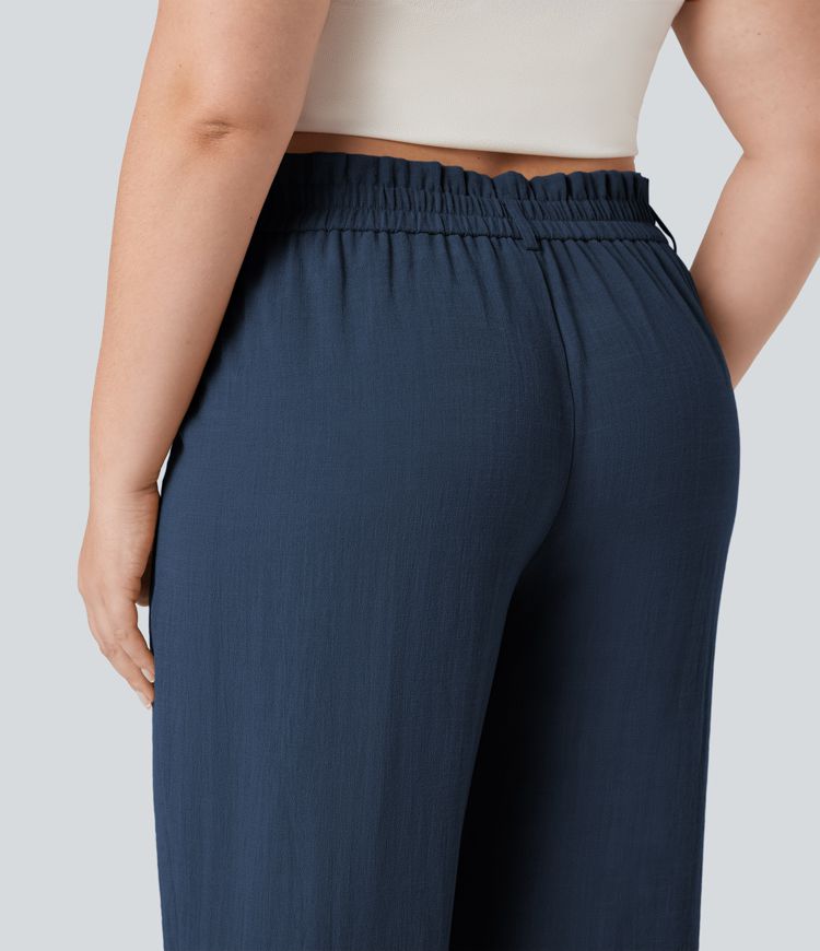 High Waisted Capri Linen-Feel Resort Plus Size Pants with Pockets