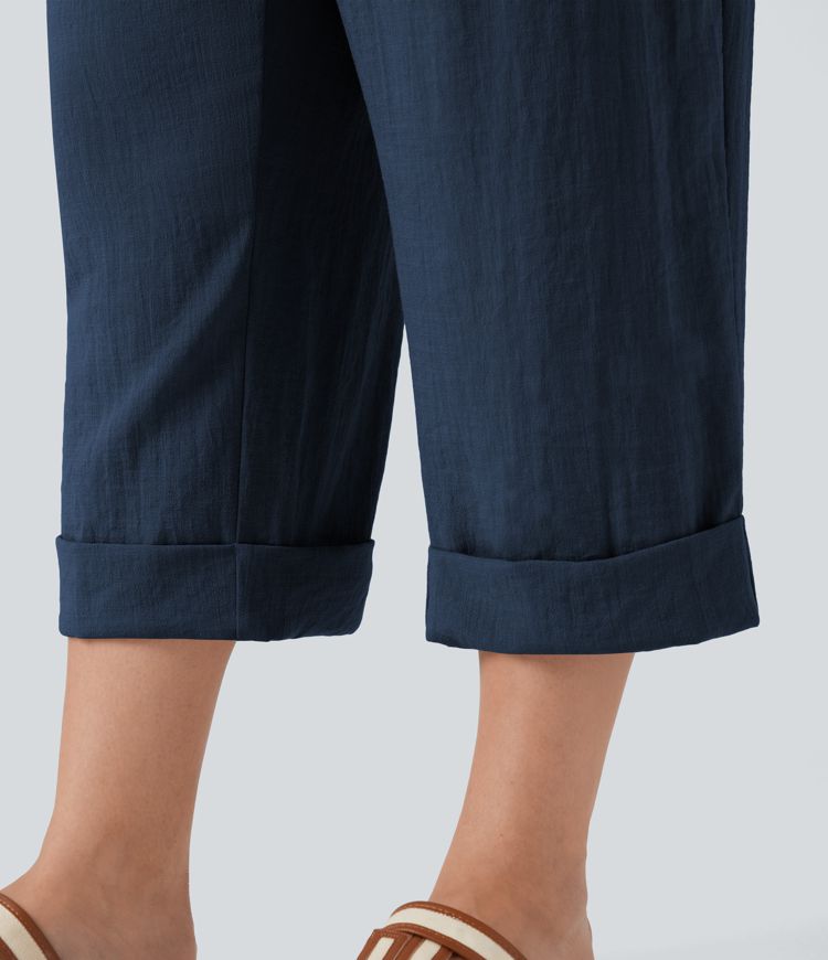 High Waisted Capri Linen-Feel Resort Plus Size Pants with Pockets
