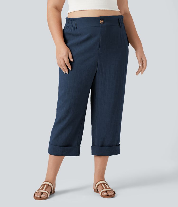 High Waisted Capri Linen-Feel Resort Plus Size Pants with Pockets