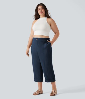 High Waisted Capri Linen-Feel Resort Plus Size Pants with Pockets