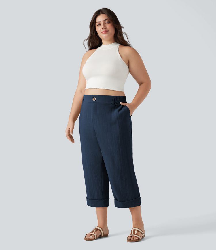 High Waisted Capri Linen-Feel Resort Plus Size Pants with Pockets