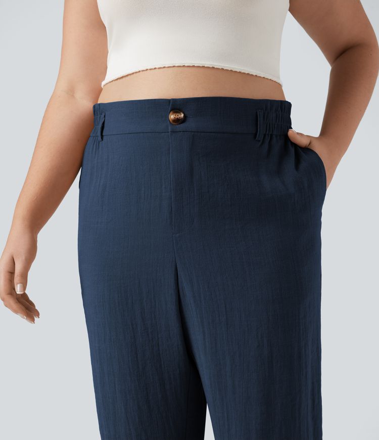 High Waisted Capri Linen-Feel Resort Plus Size Pants with Pockets