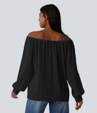 Off-shoulder Tie Long Sleeve Linen-Feel Oversized Casual Blouse