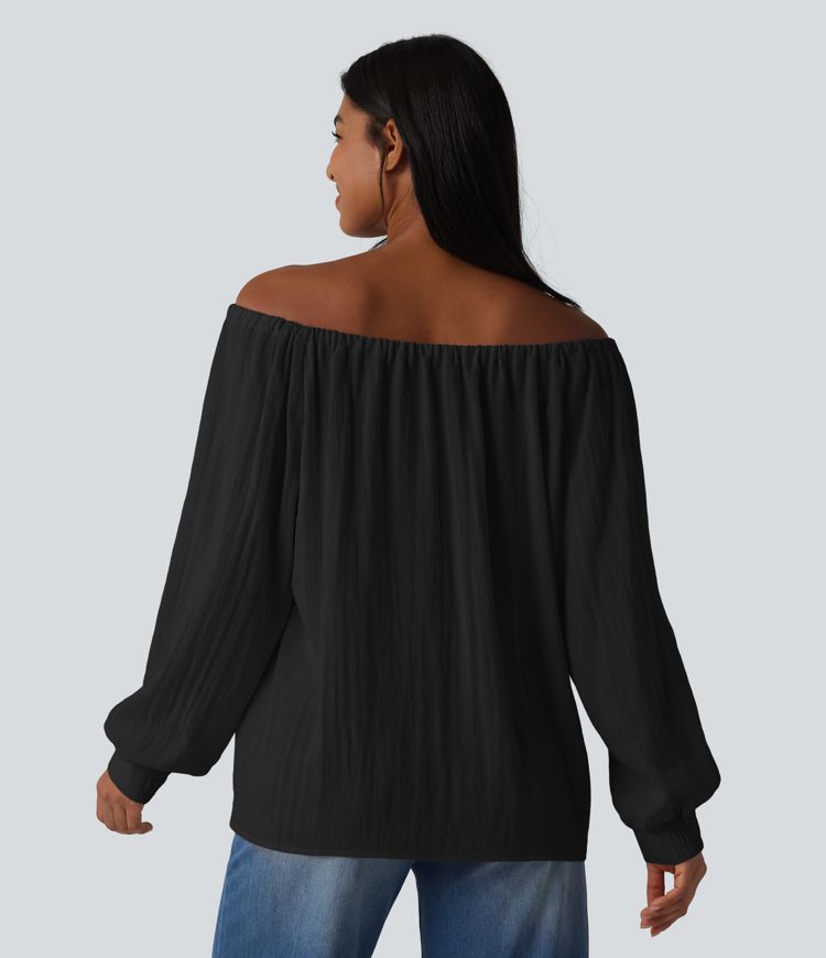 Off-shoulder Tie Long Sleeve Linen-Feel Oversized Casual Blouse