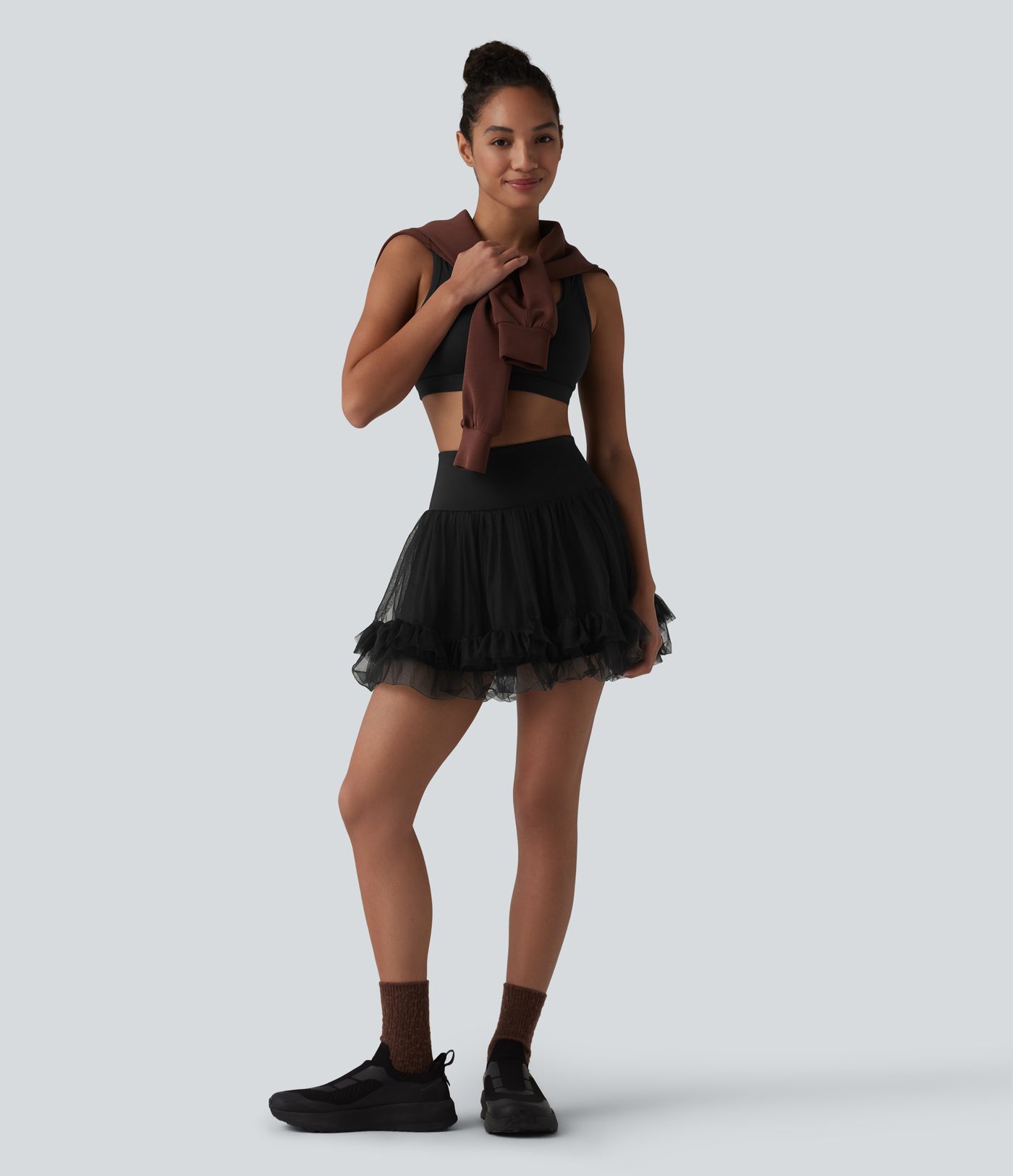 High Waisted Tummy Control Contrast Mesh 2-in-1 Mini Workout Skirt with Pockets
