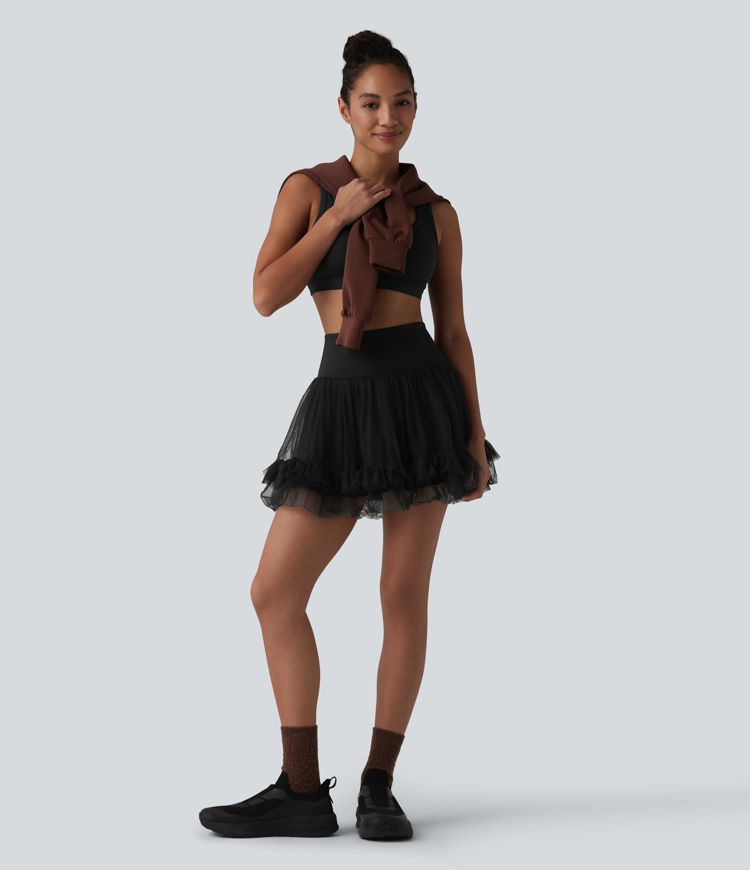 High Waisted Tummy Control Contrast Mesh 2-in-1 Mini Workout Skirt with Pockets