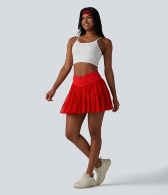 High Waisted Crossover Flowy 2-in-1 Mini Tennis Skirt with Pockets