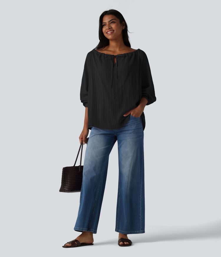 Off-shoulder Tie Long Sleeve Linen-Feel Oversized Casual Blouse