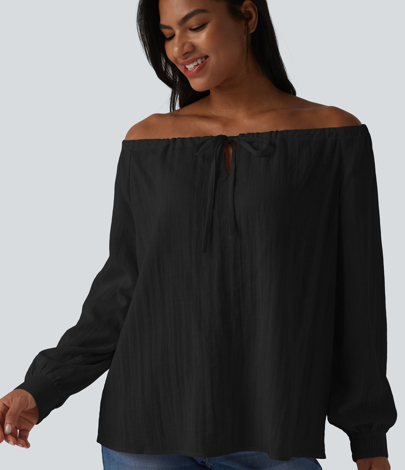 Off-shoulder Tie Long Sleeve Linen-Feel Oversized Casual Blouse