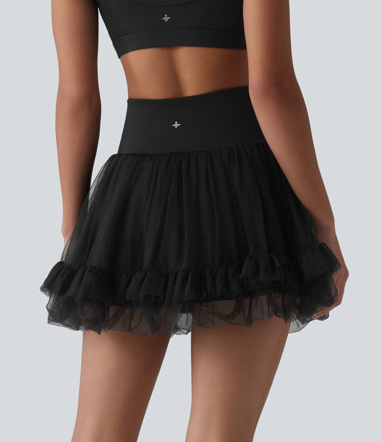 High Waisted Tummy Control Contrast Mesh 2-in-1 Mini Workout Skirt with Pockets