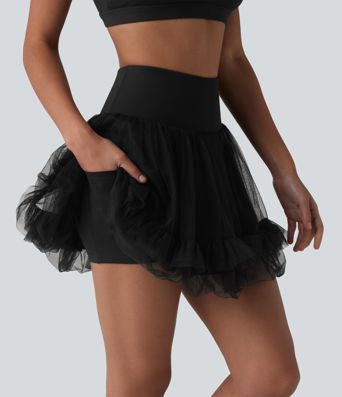 High Waisted Tummy Control Contrast Mesh 2-in-1 Mini Workout Skirt with Pockets
