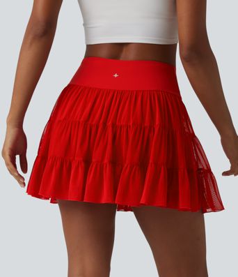 High Waisted Crossover Flowy 2-in-1 Mini Tennis Skirt with Pockets