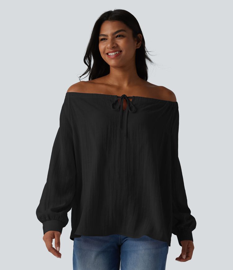 Off-shoulder Tie Long Sleeve Linen-Feel Oversized Casual Blouse