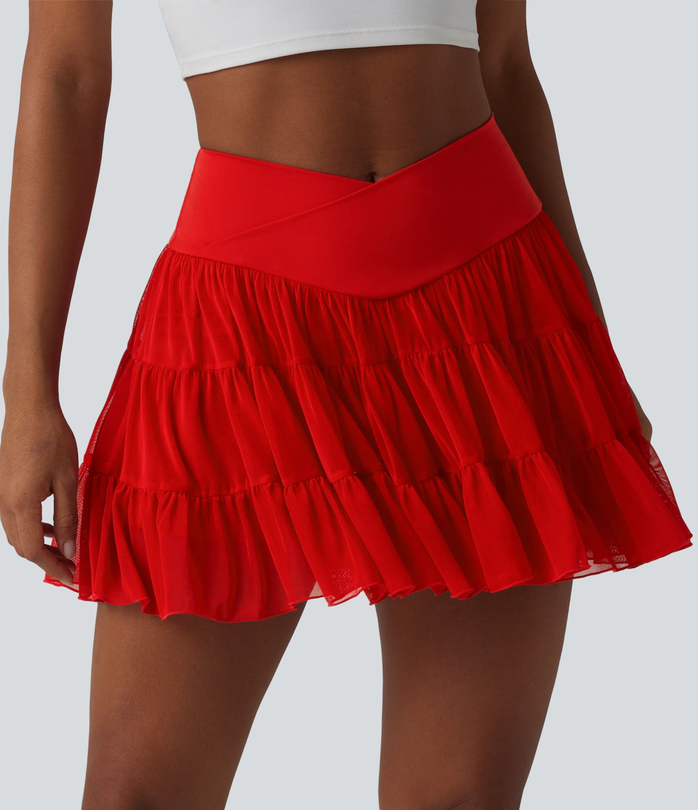 High Waisted Crossover Flowy 2-in-1 Mini Tennis Skirt with Pockets