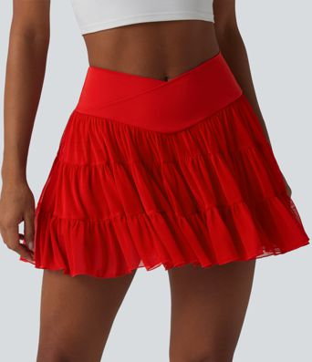 High Waisted Crossover Flowy 2-in-1 Mini Tennis Skirt with Pockets