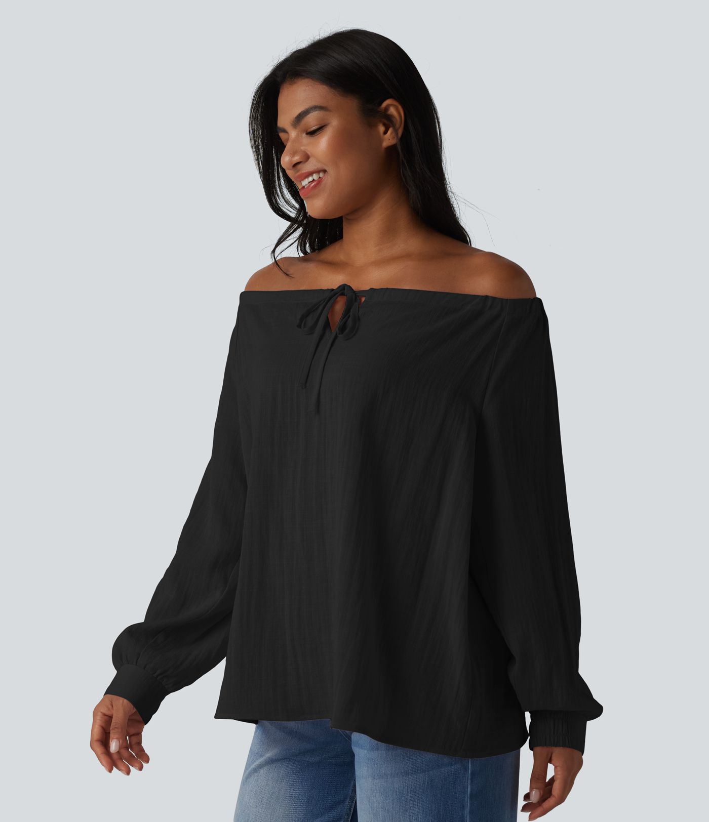 Off-shoulder Tie Long Sleeve Linen-Feel Oversized Casual Blouse