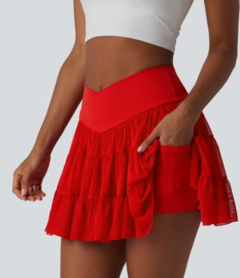 High Waisted Crossover Flowy 2-in-1 Mini Tennis Skirt with Pockets