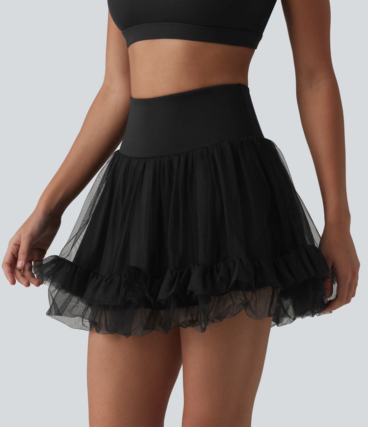 High Waisted Tummy Control Contrast Mesh 2-in-1 Mini Workout Skirt with Pockets