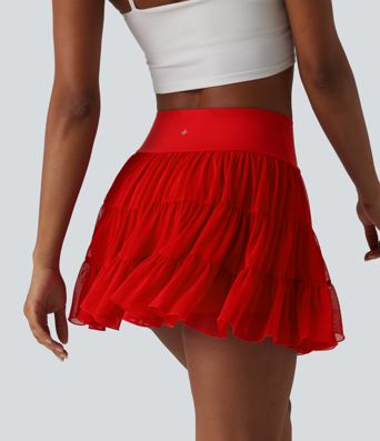 High Waisted Crossover Flowy 2-in-1 Mini Tennis Skirt with Pockets