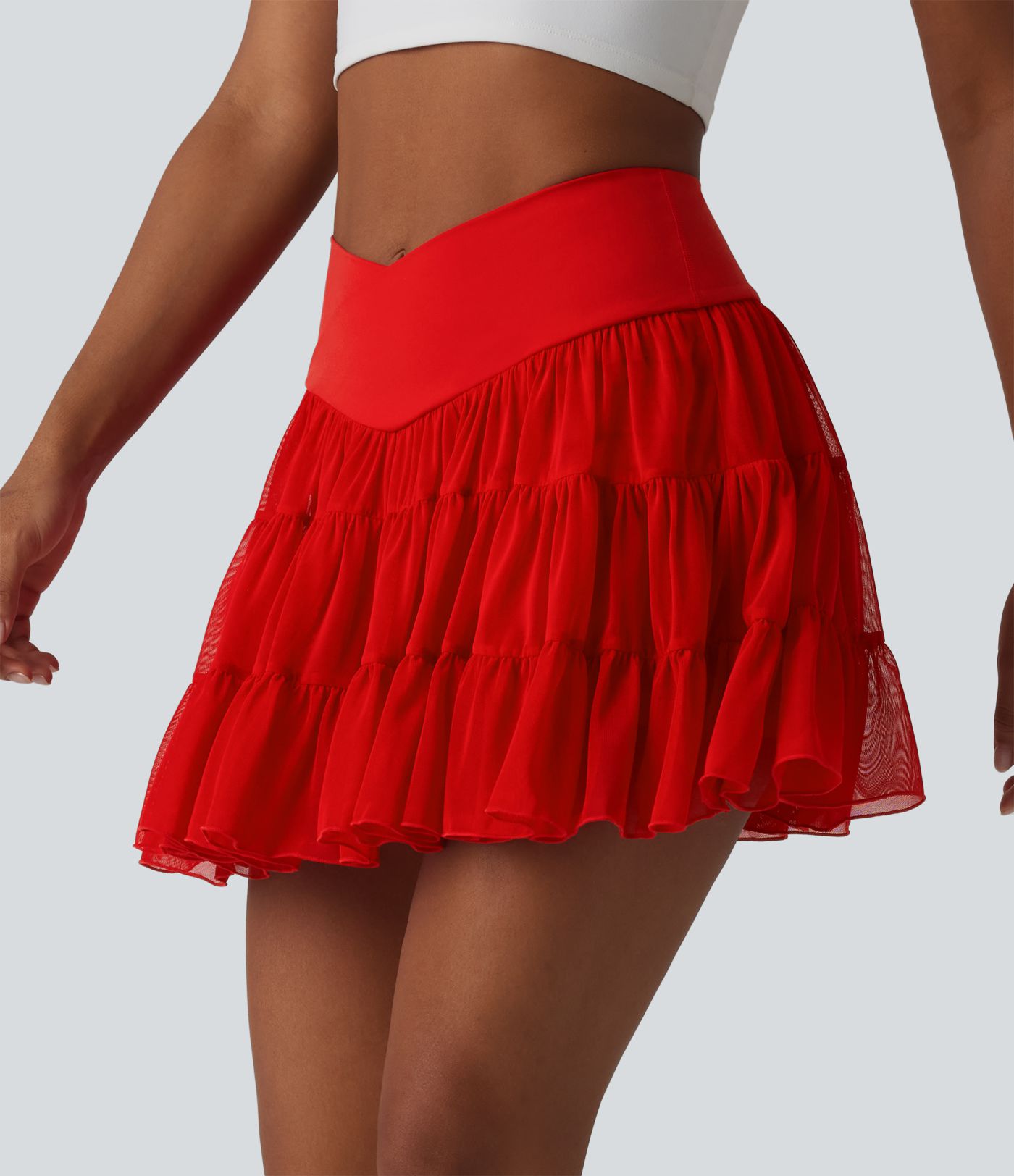 High Waisted Crossover Flowy 2-in-1 Mini Tennis Skirt with Pockets