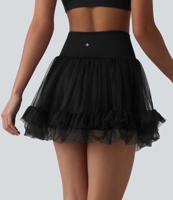 High Waisted Tummy Control Contrast Mesh 2-in-1 Mini Workout Skirt with Pockets