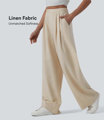 High Waisted Pleated Wide Leg Draped Flowy Linen Casual Pants with Pockets