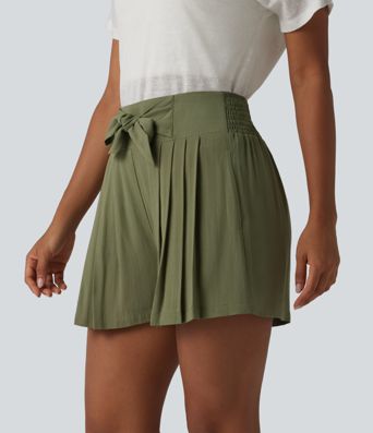 High Waisted Tie Front Shirred Pleated Casual Linen-Feel Shorts with Pockets
