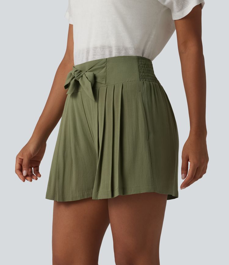 High Waisted Tie Front Shirred Pleated Casual Linen-Feel Shorts with Pockets