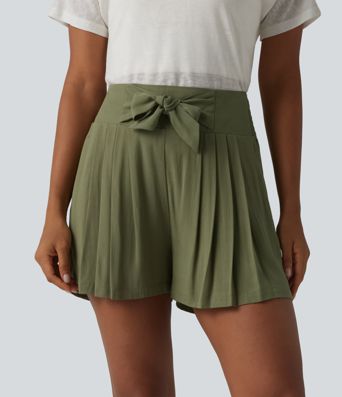 High Waisted Tie Front Shirred Pleated Casual Linen-Feel Shorts with Pockets