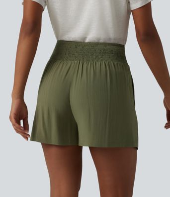 High Waisted Tie Front Shirred Pleated Casual Linen-Feel Shorts with Pockets