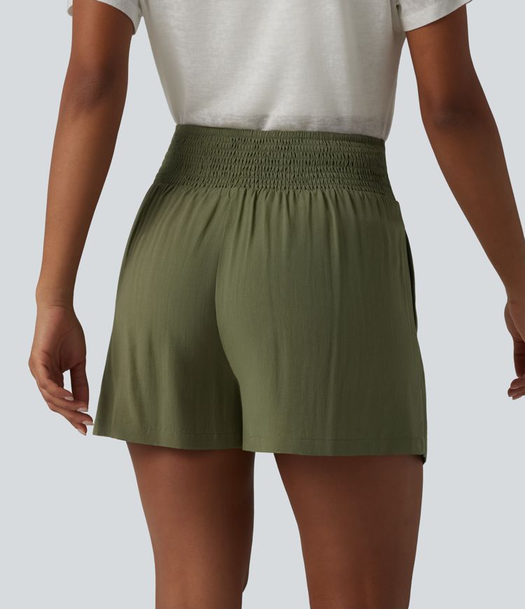 High Waisted Tie Front Shirred Pleated Casual Linen-Feel Shorts with Pockets