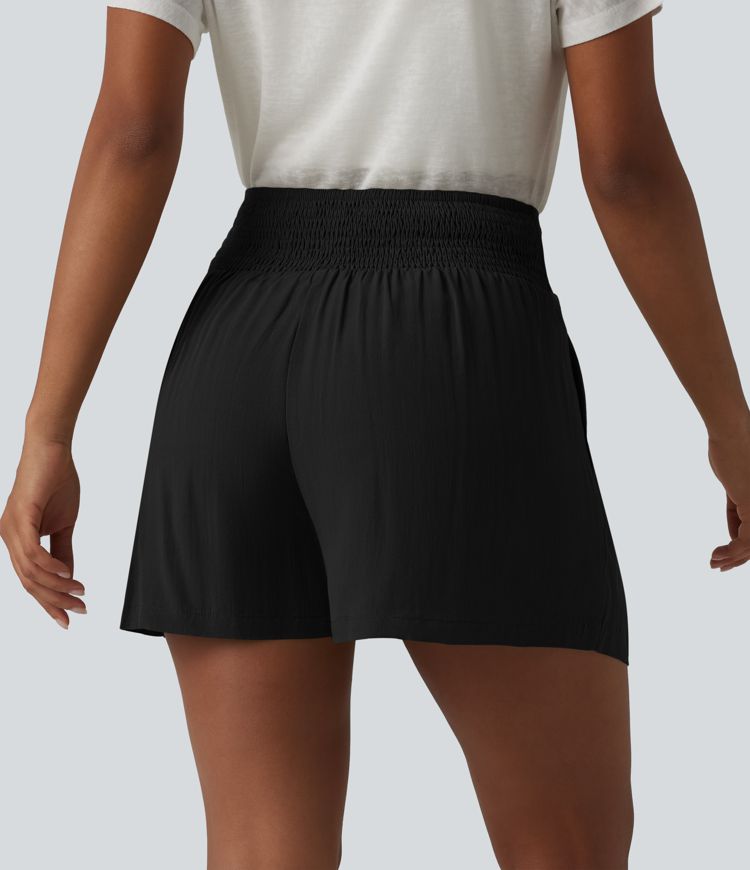 High Waisted Tie Front Shirred Pleated Casual Linen-Feel Shorts with Pockets