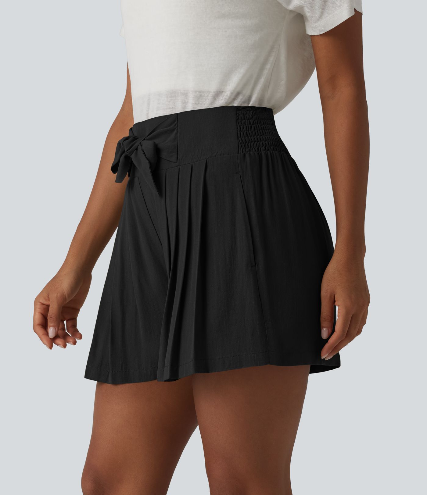 High Waisted Tie Front Shirred Pleated Casual Linen-Feel Shorts with Pockets