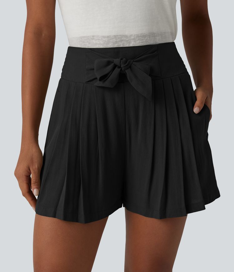 High Waisted Tie Front Shirred Pleated Casual Linen-Feel Shorts with Pockets