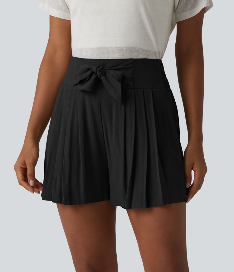 High Waisted Tie Front Shirred Pleated Casual Linen-Feel Shorts with Pockets