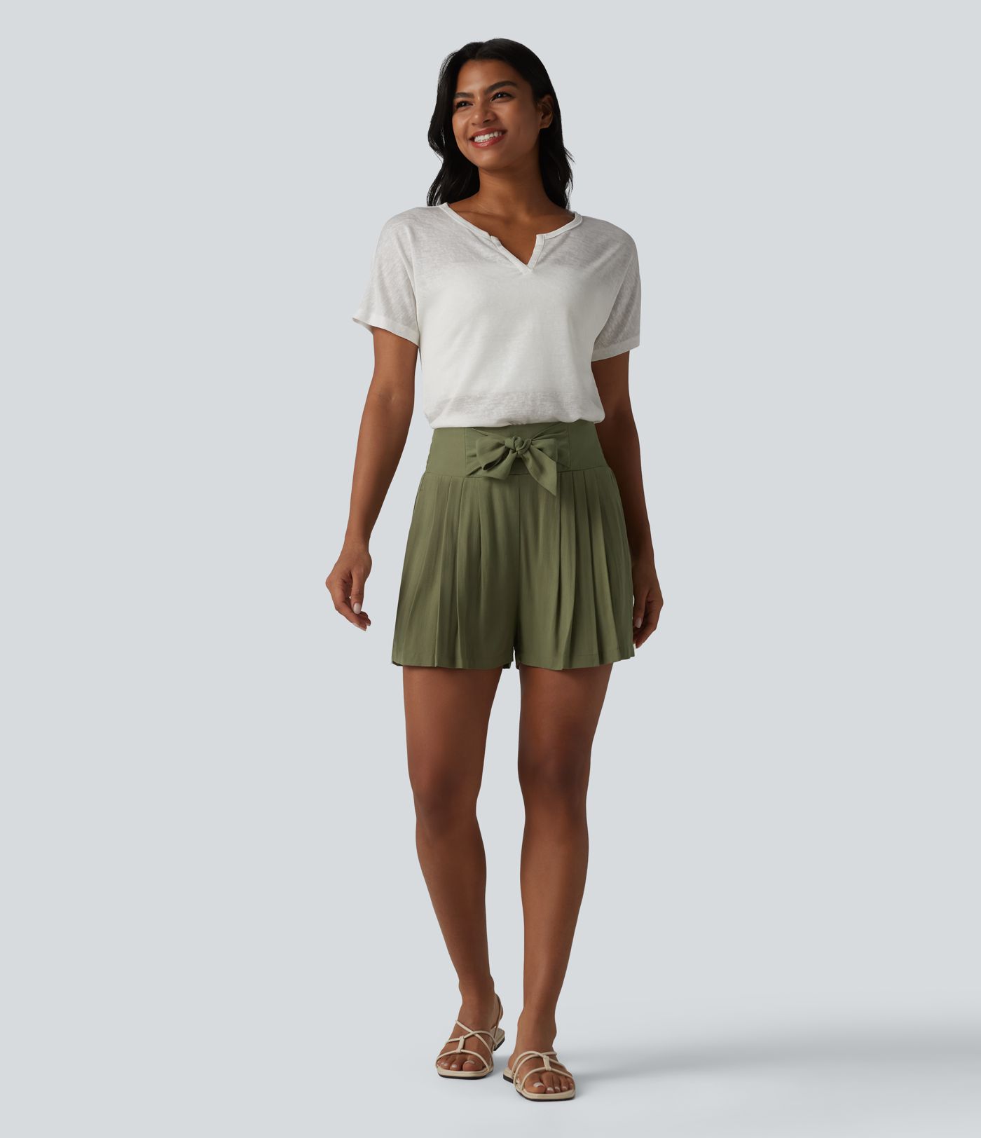 High Waisted Tie Front Shirred Pleated Casual Linen-Feel Shorts with Pockets